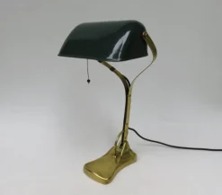 Best Pamono Antique Art Nouveau Enameled Brass Bankers Lamp with Dark Green Shade