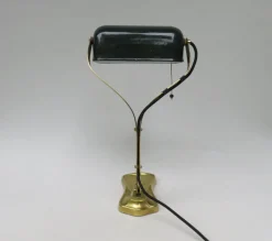 Best Pamono Antique Art Nouveau Enameled Brass Bankers Lamp with Dark Green Shade