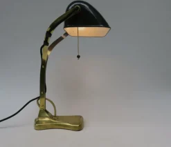 Best Pamono Antique Art Nouveau Enameled Brass Bankers Lamp with Dark Green Shade