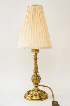 Best Pamono Antique Brass Table Lamp with Fabric Shade, 1890s