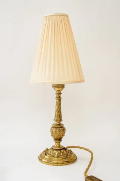 Best Pamono Antique Brass Table Lamp with Fabric Shade, 1890s