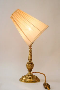 Best Pamono Antique Brass Table Lamp with Fabric Shade, 1890s