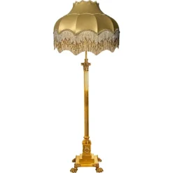 Clearance Pamono Antique Corinthian Column Brass Floor Lamp with Fringed Lampshade, England, 1890