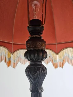 Clearance Pamono Antique Floor Lamp in Carved Oak with Rust-Red Shade, Austria, 1890s