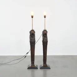 Discount Pamono Antique Hand-Carved Wood Floor Lamps with Lion Heads, Set of 2