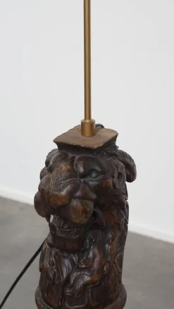 Discount Pamono Antique Hand-Carved Wooden Floor Lamp with Lion's Head
