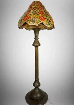 Clearance Pamono Antique Islamic Syrien Brass Floor Lamp with Hand Painted Camel Skin Leather Lampshade, 1930s