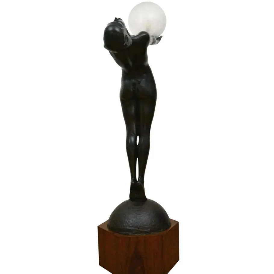 Outlet Pamono Art Deco Bronze Lamp Life Size Clarte Standing Nude with Globe by Max Le Verrier with Foundry Mark 186 Cm.