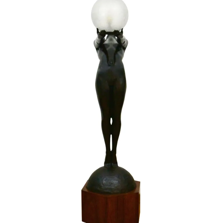Outlet Pamono Art Deco Bronze Lamp Life Size Clarte Standing Nude with Globe by Max Le Verrier with Foundry Mark 186 Cm.