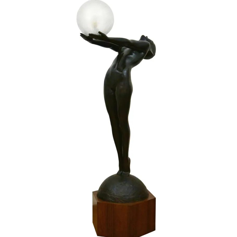 Outlet Pamono Art Deco Bronze Lamp Life Size Clarte Standing Nude with Globe by Max Le Verrier with Foundry Mark 186 Cm.