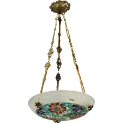 Best Pamono Art Deco Enameled Floral Glass and Bronze Pendant Light from Loys Lucha, 1930s