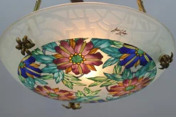 Best Pamono Art Deco Enameled Floral Glass and Bronze Pendant Light from Loys Lucha, 1930s