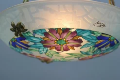 Best Pamono Art Deco Enameled Floral Glass and Bronze Pendant Light from Loys Lucha, 1930s