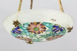 Best Pamono Art Deco Enameled Floral Glass and Bronze Pendant Light from Loys Lucha, 1930s