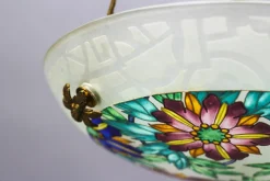 Best Pamono Art Deco Enameled Floral Glass and Bronze Pendant Light from Loys Lucha, 1930s