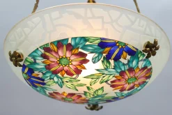 Best Pamono Art Deco Enameled Floral Glass and Bronze Pendant Light from Loys Lucha, 1930s