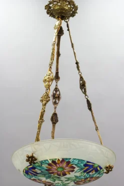 Best Pamono Art Deco Enameled Floral Glass and Bronze Pendant Light from Loys Lucha, 1930s