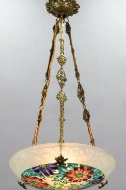 Best Pamono Art Deco Enameled Floral Glass and Bronze Pendant Light from Loys Lucha, 1930s