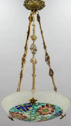 Best Pamono Art Deco Enameled Floral Glass and Bronze Pendant Light from Loys Lucha, 1930s
