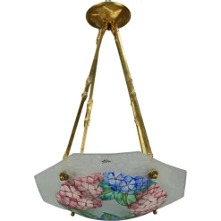 Best Pamono Art Deco Enameled Glass Four-Light Pendant Chandelier from Loys Lucha, 1930s