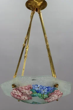 Best Pamono Art Deco Enameled Glass Four-Light Pendant Chandelier from Loys Lucha, 1930s