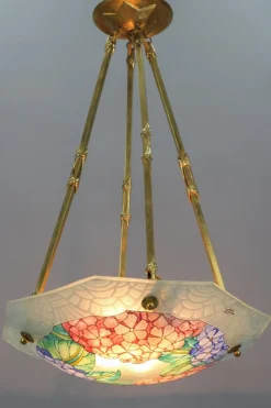 Best Pamono Art Deco Enameled Glass Four-Light Pendant Chandelier from Loys Lucha, 1930s