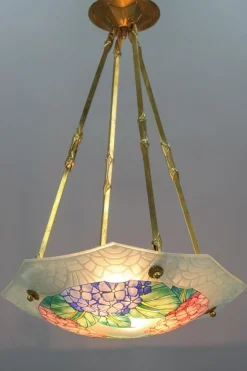 Best Pamono Art Deco Enameled Glass Four-Light Pendant Chandelier from Loys Lucha, 1930s