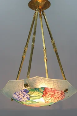 Best Pamono Art Deco Enameled Glass Four-Light Pendant Chandelier from Loys Lucha, 1930s