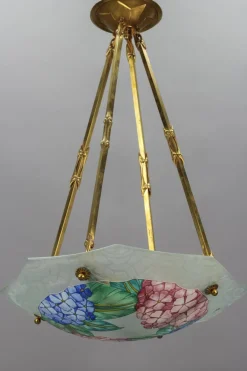 Best Pamono Art Deco Enameled Glass Four-Light Pendant Chandelier from Loys Lucha, 1930s