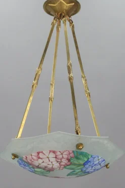 Best Pamono Art Deco Enameled Glass Four-Light Pendant Chandelier from Loys Lucha, 1930s