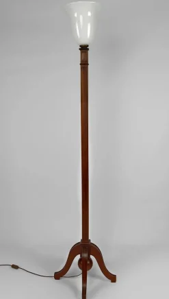 Best Pamono Art Deco Floor Lamp in Carved Beech & Opaline Glass, France, 1920s