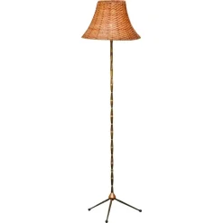 Outlet Pamono Art Deco Floor Lamp in Patinated Brass with Rattan Shade, 1940s