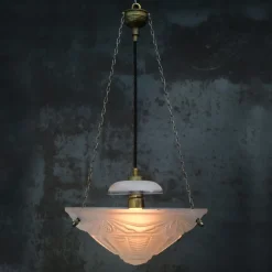 Best Pamono Art Deco French Brass and Etched Clear Glass Pendant Light, 1920s