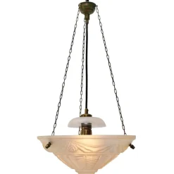 Best Pamono Art Deco French Brass and Etched Clear Glass Pendant Light, 1920s