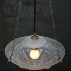 Best Pamono Art Deco French Brass and Etched Clear Glass Pendant Light, 1920s