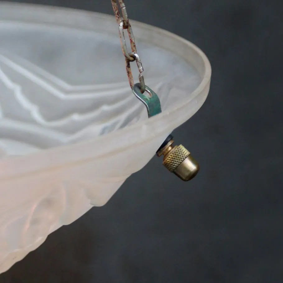 Best Pamono Art Deco French Brass and Etched Clear Glass Pendant Light, 1920s