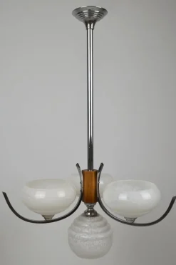 Best Pamono Art Deco French Wood and Chrome Chandelier, 1940s