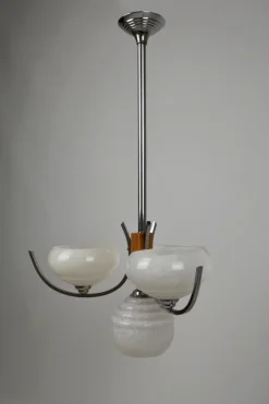 Best Pamono Art Deco French Wood and Chrome Chandelier, 1940s