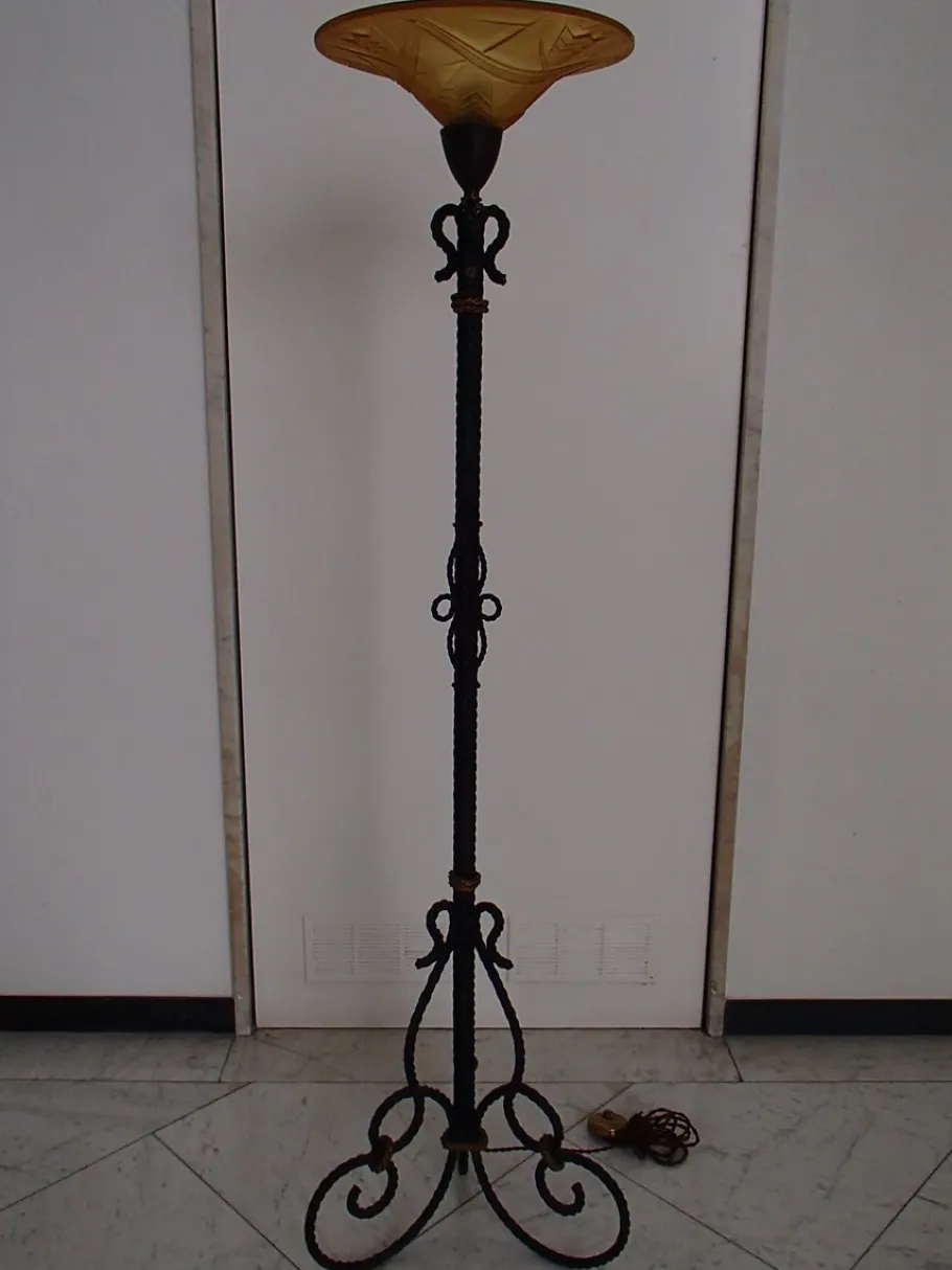 Best Pamono Art Deco Iron and Glass Floor Lamp by Degue for Verrerie D'Art Degué, 1930s