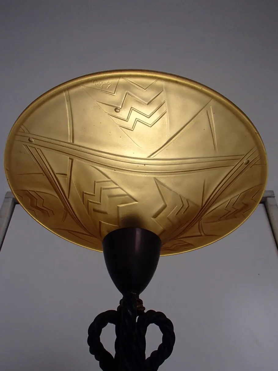 Best Pamono Art Deco Iron and Glass Floor Lamp by Degue for Verrerie D'Art Degué, 1930s