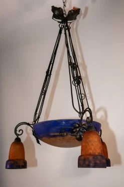 Outlet Pamono Art Deco Wrought Iron and Pate de Verre Lamp by G. V. Croismare for Muller Frères, France, 1925