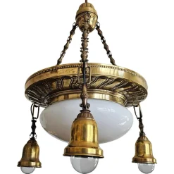Best Pamono Art Nouveau Polished Brass Chandelier with Opaline Glass Dome, Austria, 1910s
