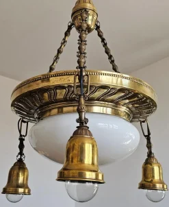 Best Pamono Art Nouveau Polished Brass Chandelier with Opaline Glass Dome, Austria, 1910s