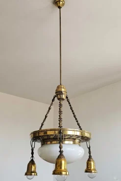 Best Pamono Art Nouveau Polished Brass Chandelier with Opaline Glass Dome, Austria, 1910s