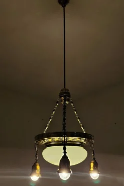 Best Pamono Art Nouveau Polished Brass Chandelier with Opaline Glass Dome, Austria, 1910s