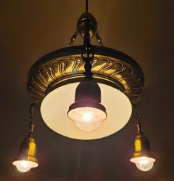 Best Pamono Art Nouveau Polished Brass Chandelier with Opaline Glass Dome, Austria, 1910s