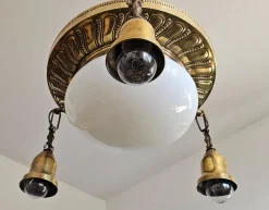 Best Pamono Art Nouveau Polished Brass Chandelier with Opaline Glass Dome, Austria, 1910s