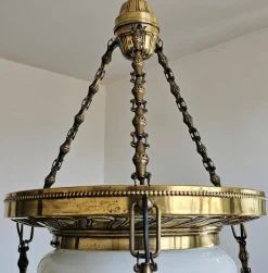 Best Pamono Art Nouveau Polished Brass Chandelier with Opaline Glass Dome, Austria, 1910s