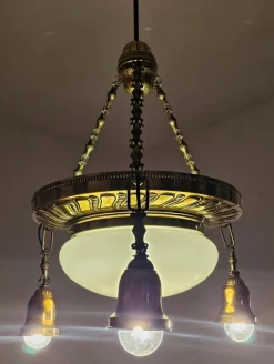 Best Pamono Art Nouveau Polished Brass Chandelier with Opaline Glass Dome, Austria, 1910s