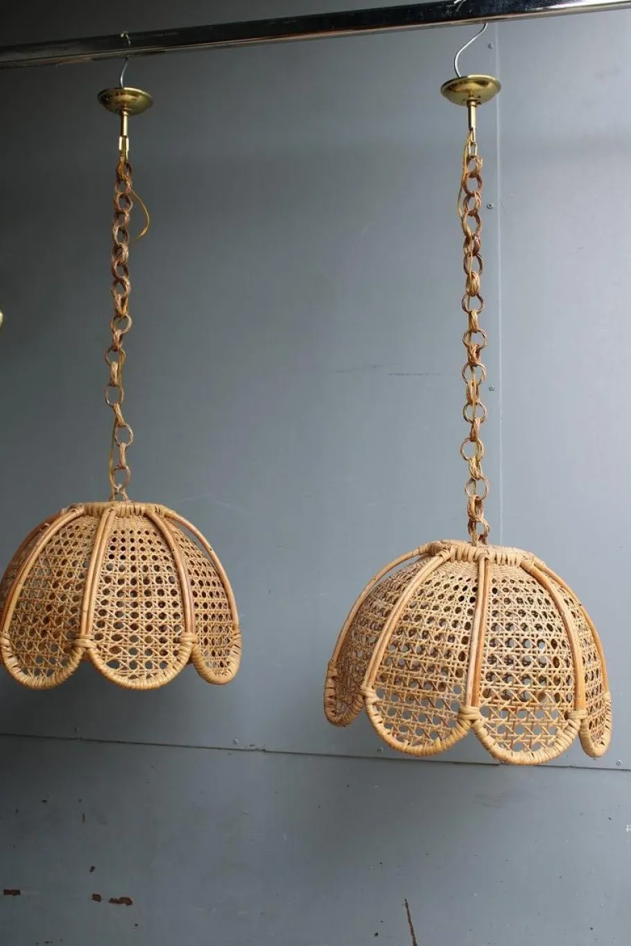 Best Pamono Bamboo, Straw and Brass Pendants, Italy, 1970s, Set of 2